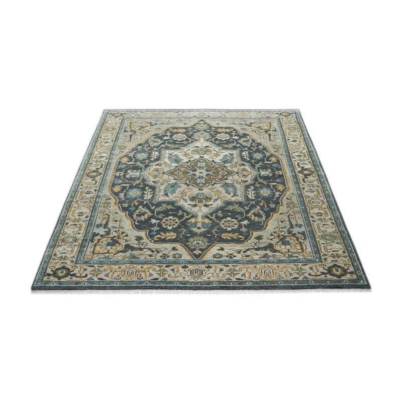 Tapis Oushak bleu en laine noué à la main 9 x 12, Bleu, Rectangle 9 pi x 12 pi