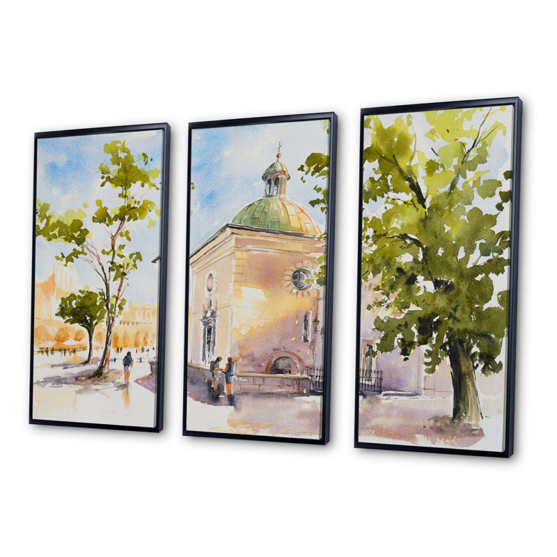 «Rustic Church In The Village», peinture sur toile flottante 3 pièces, H 32 po x l 48 po x P 1 po, Cadre noir