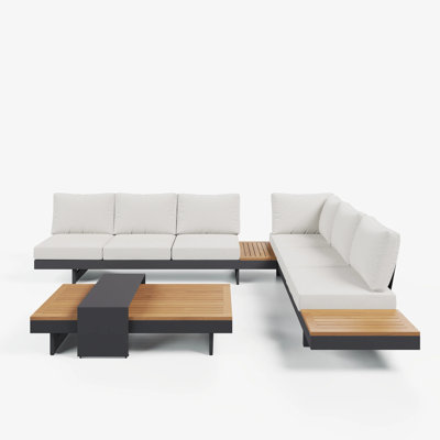 4-Piece Modular Sofa Set L-Shaped Outdoor Conversation Set Teak & Aluminum With Coffee Table For 6 In Ivory