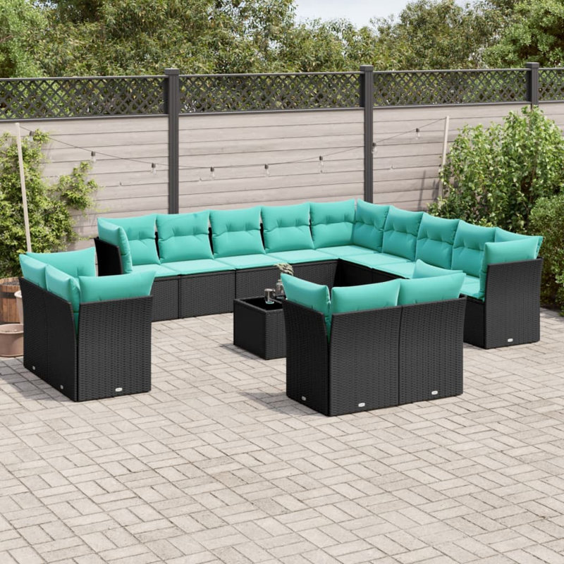  Ensemble de canapé de patio 14 pièces avec coussins en rotin de polyester noir