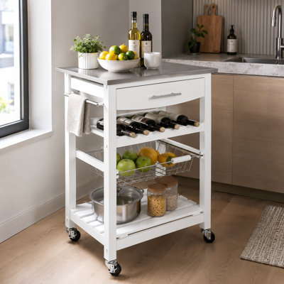 Chariot d'îlot de cuisine mobile en bois massif blanc, comptoir en acier inoxydable avec tiroirs, paniers grillagés en métal, chariot de salle à manger multifonctionnel avec roues freinées.