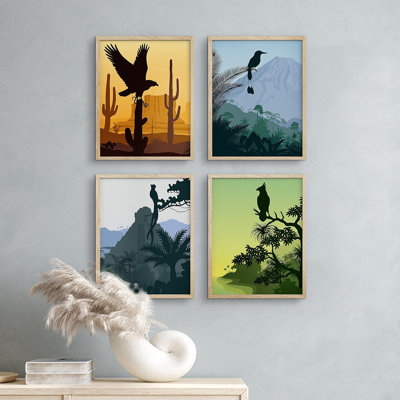 «Wild Hawk Wild Bird Silhouettes», ensemble de 4 animaux encadrés sur papier, impression encadrée sur papier
