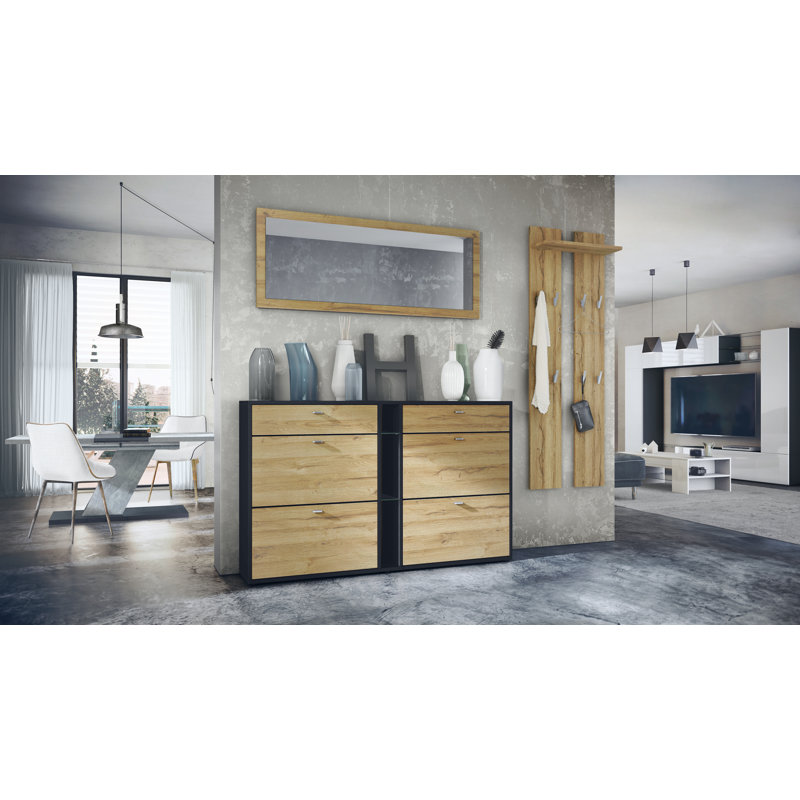 Orlando 215 cm W Hallway Set with Shoe Storage, Natural Oak/Black