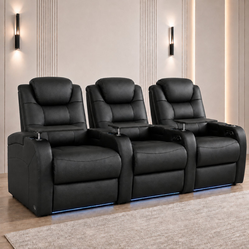 Double fauteuil inclinable de cinéma maison en cuir fleur avec ports USB et de type C, Black Genuine Leather