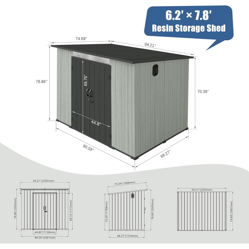 Remise de rangement durable en résine de 6 pi x 8 pi avec lanterneau, gris, pour l'extérieur