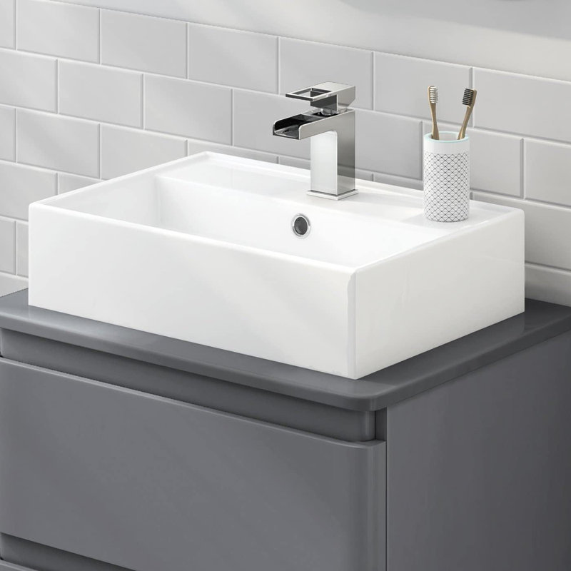 iBathUK Aventa Wall Hung Modern Square Ceramic Cloakroom Basin, Durable and Stylish Ceramic Basin