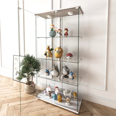 Modern Glass Display Cabinet With LED Lights, Quick-Assembly Antique Cabinet, Tempered Glass Bookshelf, Suitable For Living Room And Bedrooms, 2-Door 4-Shelf