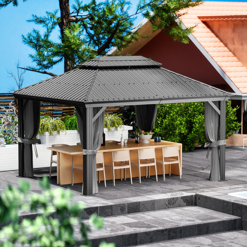 Kozyard Alexander Grey Double Roof Hardtop Gazebo with Privacy Curtain Mosquito Netting, 14 (ft) x 12 (ft)