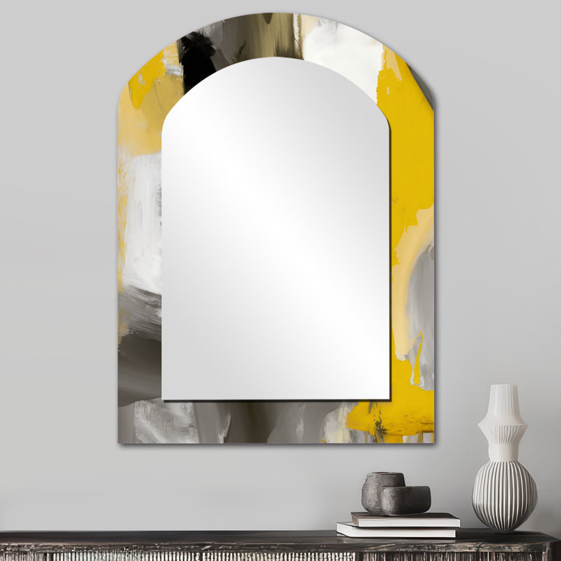 Mustard Yellow And Vivid Gray II - Abstract Asymmetrical Mirror, White Arch Decorative Wall Mirror, Printed Metal Art