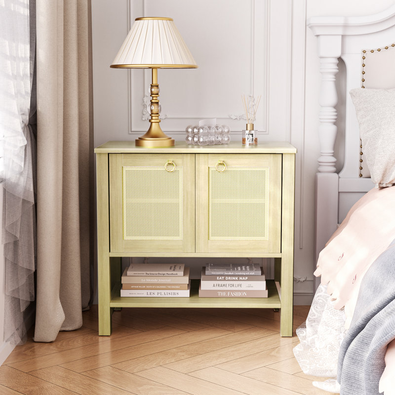Table de chevet 2 portes Rattan, Blanc