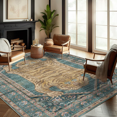 Tapis 152 x 213 cm, lavable, style vintage traditionnel, revêtement de sol fin et rétro, aspect vieilli, antidérapant, idéal pour la cuisine, le salon, la chambre ou la salle à manger.
