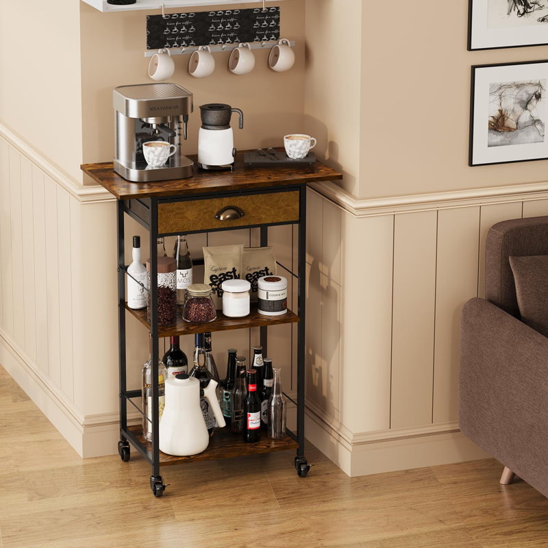 Coffee Bar Stand Station Cart with Storage Drawer -3 Tier, Extended Worktop Coffee Table,