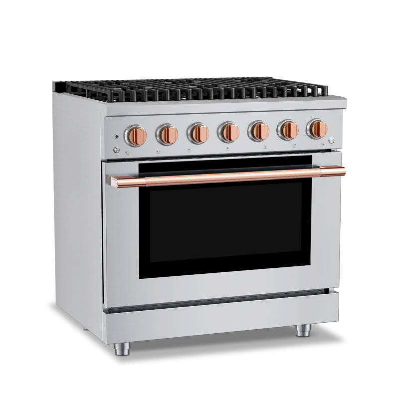 Hauslane 36" Gas Range In Stainless Steel | 6 Burners Up To 20,000 Btus | 5.2 Cu. Ft. Convection Oven With 5 Rack Positions | Convertible Ng/Lp | Cool-Touch Triple-Layer Door Rose Gold