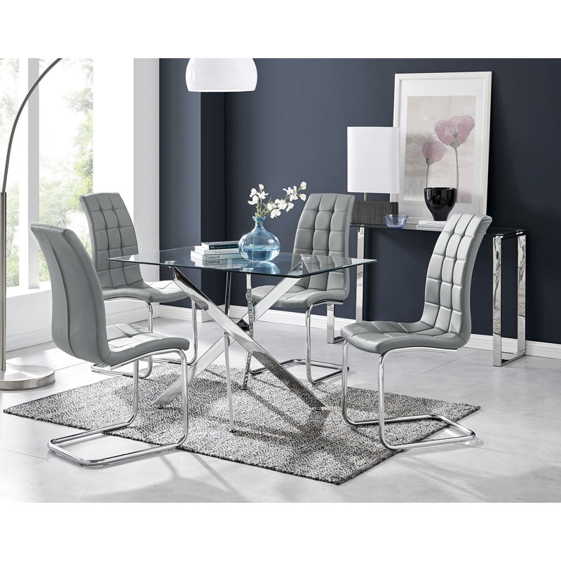 Lenworth Chrome and Glass Rectangular Dining Table Set with 4 Modern Faux Leather Chairs, Elephant Grey