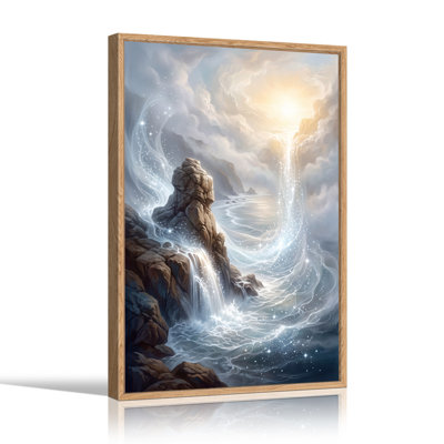 Fantasy Rocky Cliffs With Glowing Waterfall And Sunlight Canvas Wall Art