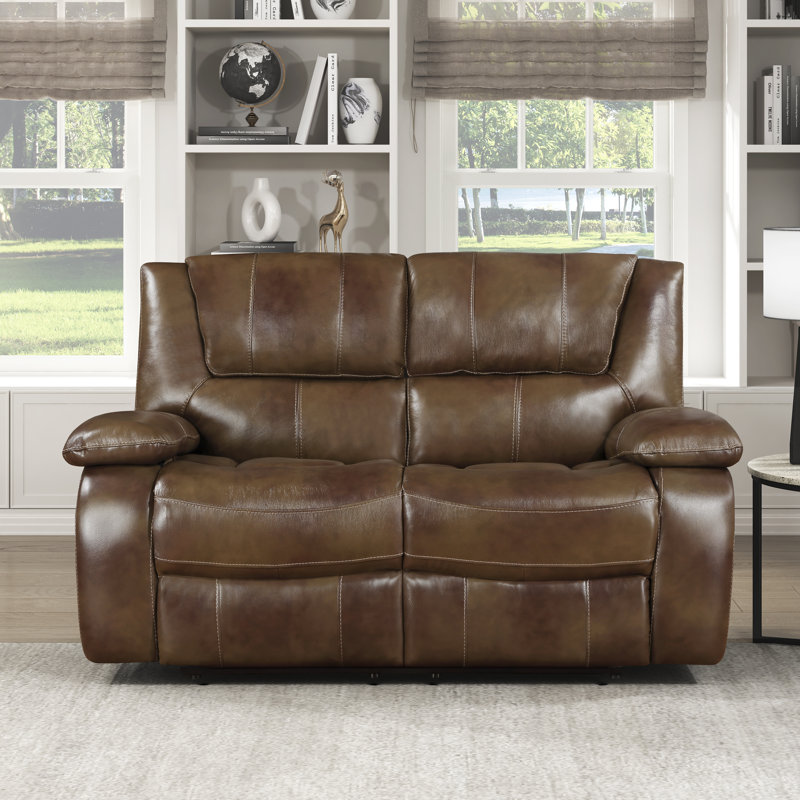Causeuse inclinable double en cuir de style transitionnel de 64 po Mervela, Brun