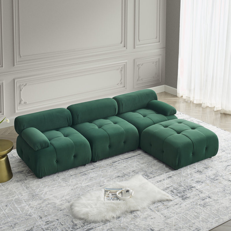 Canapé modulaire modulaire, capitonné à boutons et bricolage, canapé en forme de L avec repose-pieds réversible, Velours vert