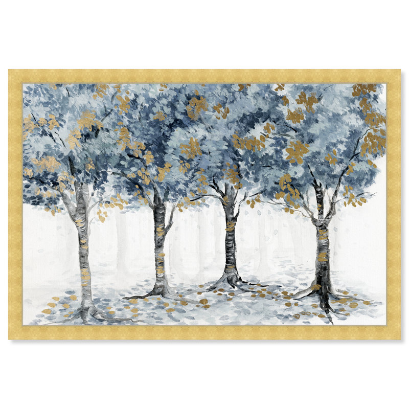 Forêt bleu pâle - Shadowbox, peinture sur papier, H 12 po x l 17 po, Cadre doré