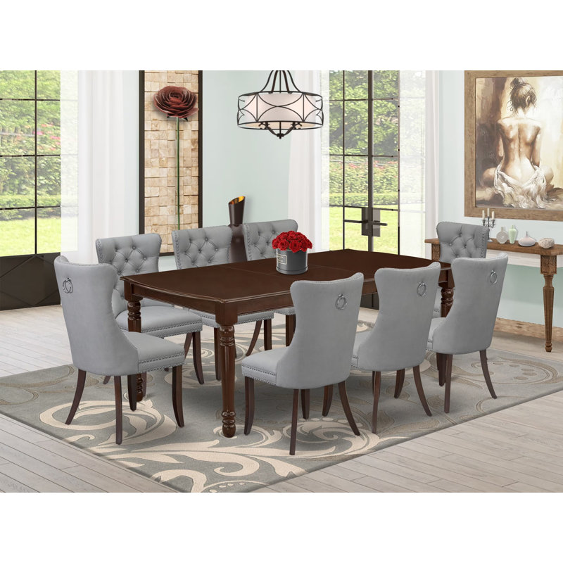 Cet ensemble de salle à manger 9 pièces comprend une table de cuisine rectangulaire avec feuille papillon et 8 chaises rembourrées en tissu de polyester, 42 x 78 pouces, acajou