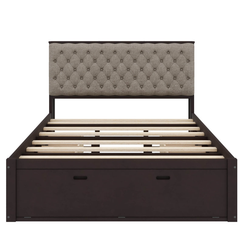 Grand lit plateforme en bois avec tête de lit, Espresso