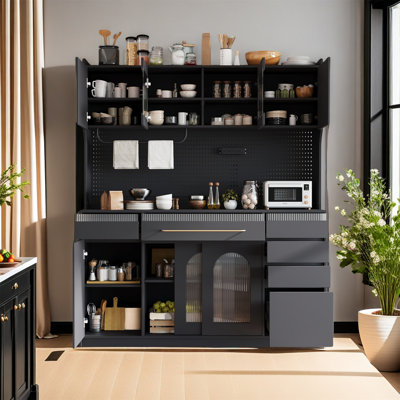 Freestanding Farmhouse Pantry Cabinet With 6 Drawers, 5 Cabinets, Adjustable Shelves,Pegboard,Towel Rack And Power Outlet by Latitude Run