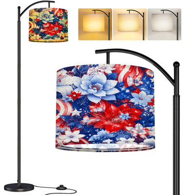 Lampe sur pied arc rouge, blanc, bleu, patriotique, étoiles, papillons, ruban, accents, lampe haute moderne sur pied, abat-jour réglable en lin à 3 couleurs