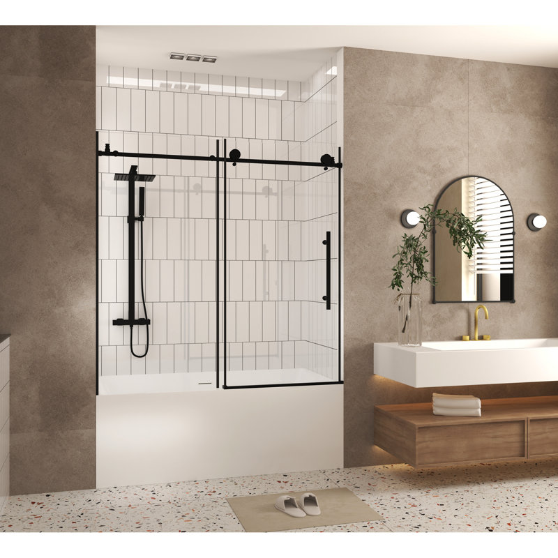 60" H Shower Door 56 - W, 6 Mm Clear Tempered Glass, Proof Film, And Stylish Stainless Steel Handle, Matte Black, Clean Bathroom Look Corrosion Design, Good For Use
