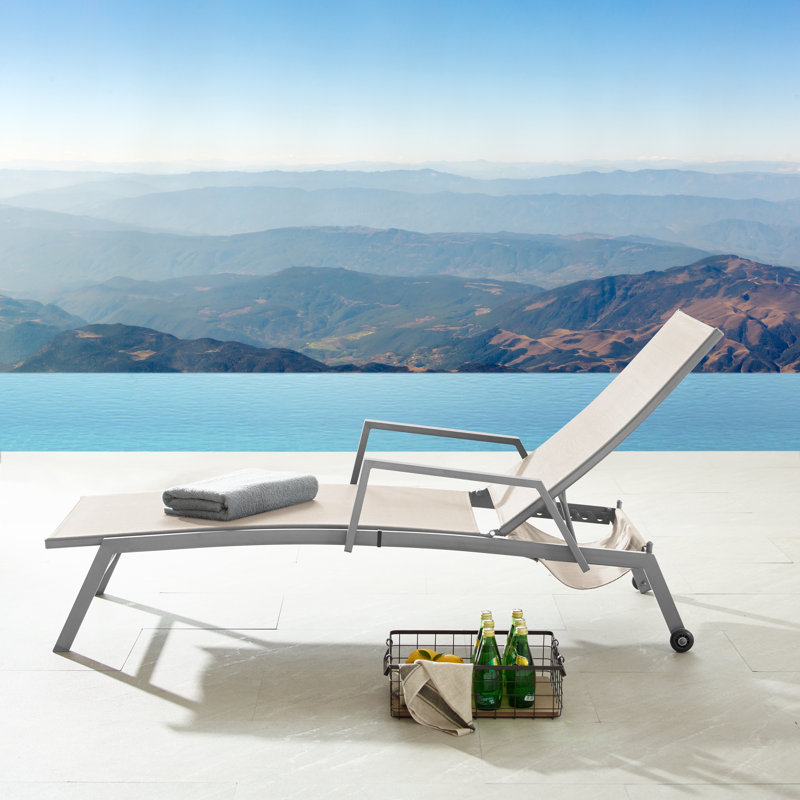 Cand 77.5" Long Metal  Reclining Single Chaise Lounge with PVC-coated polyester Sling Seat and Armrests & Wheels, Gray
