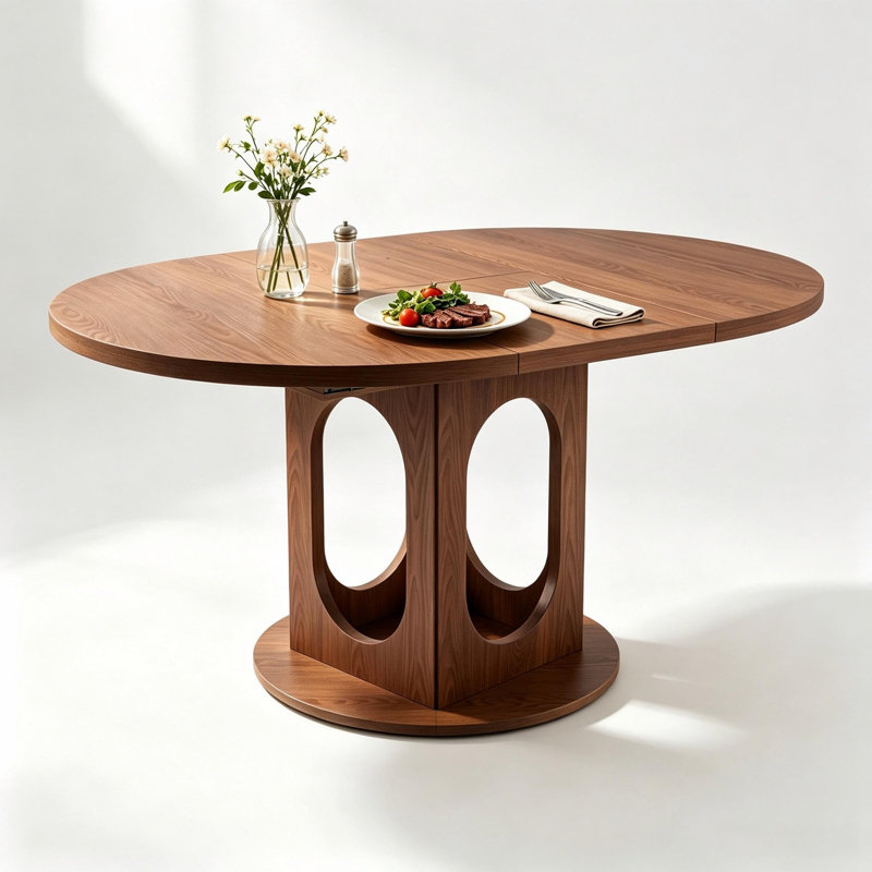 Table de salle à manger ovale extensible avec rangement dissimulé, table de cuisine à pied central, 4 à 6 couverts, forme ronde à ovale, noyer