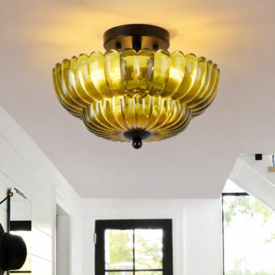 Plafonnier semi-encastré 3 lumières DEL noir moderne 12 pouces avec abat-jour en verre vert