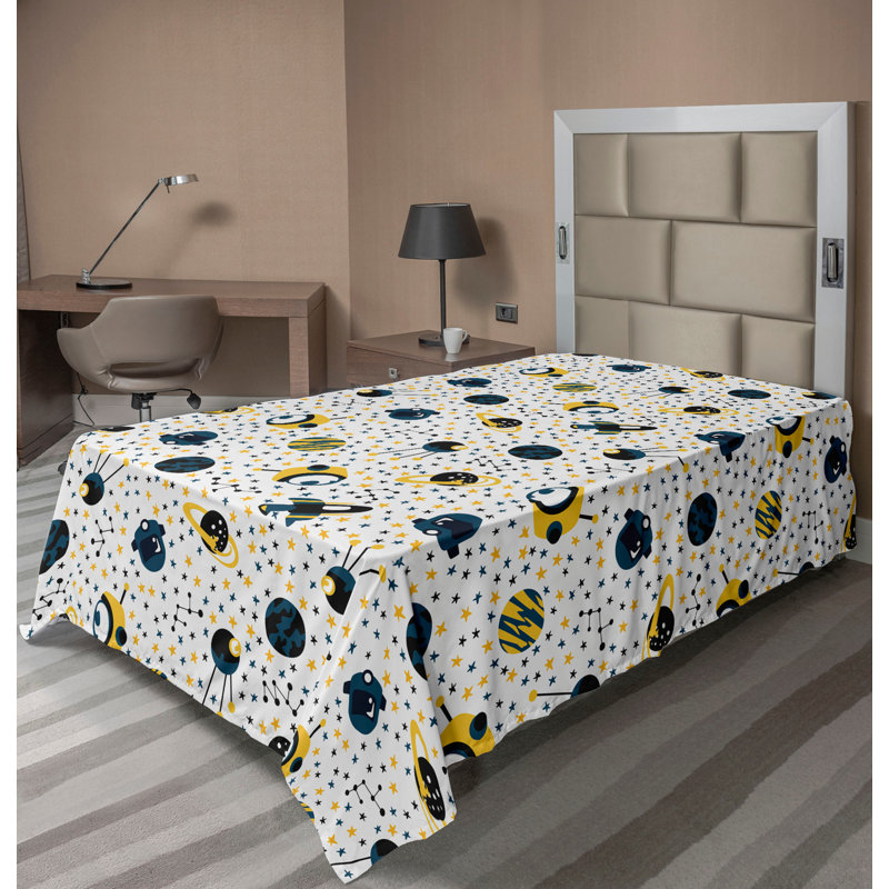 Drap plat Ambesonne, Drap plat pour lit simple TG, Moutarde, bleu pétrole, noir / à pois
