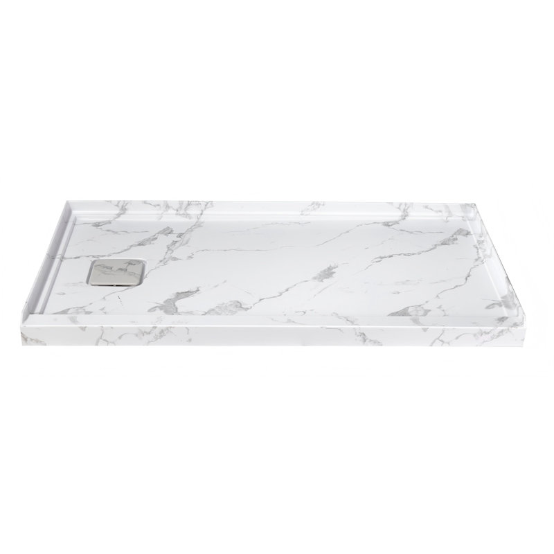 60 In. X 32 In. Rectangle White Marble Pattern Acrylic Bathroom Alcove Shower Pan Base With Left Hand Drain