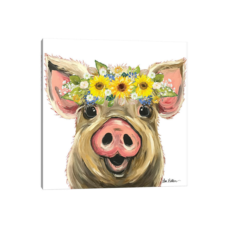 Posey The Pig With Sunflower Flower Crown - Painting on Canvas, Wrapped Canvas, 66.04cm H x 66.04cm W x 1.91cm D