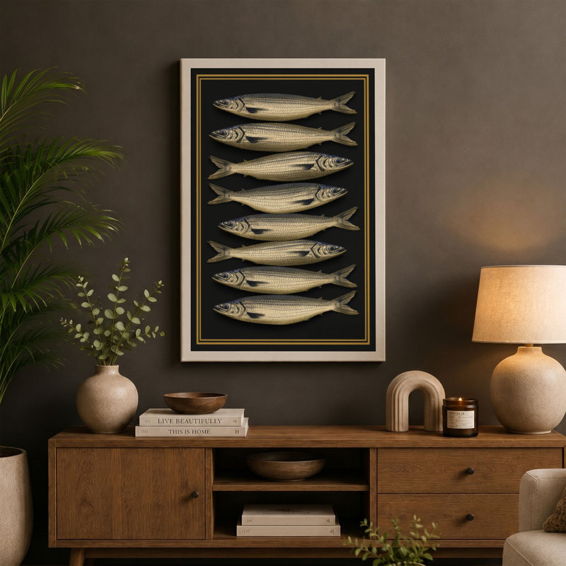 Eight Silver Fish Japandi 1 Piece Wrapped Canvas Wall Art, 36x24 - 91.4 x 61.0 cm, Taupe Border