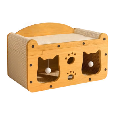 Modern Wooden Cat House with Scratching Pad, Dual Hideaway Cat Condo with Interactive Toy Balls