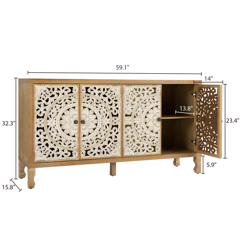 Carved Sideboard with Door and Solid Wood Legs, 32.3" H x 59.1" W x 15.8" D, Natural Brown/White
