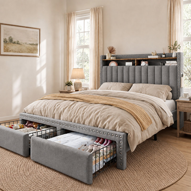 Cadre de lit Francille, taille standard, capitonné, orné de rivets, 2 tiroirs sous le lit, tête de lit à 2 niveaux avec poches latérales, sommier non requis