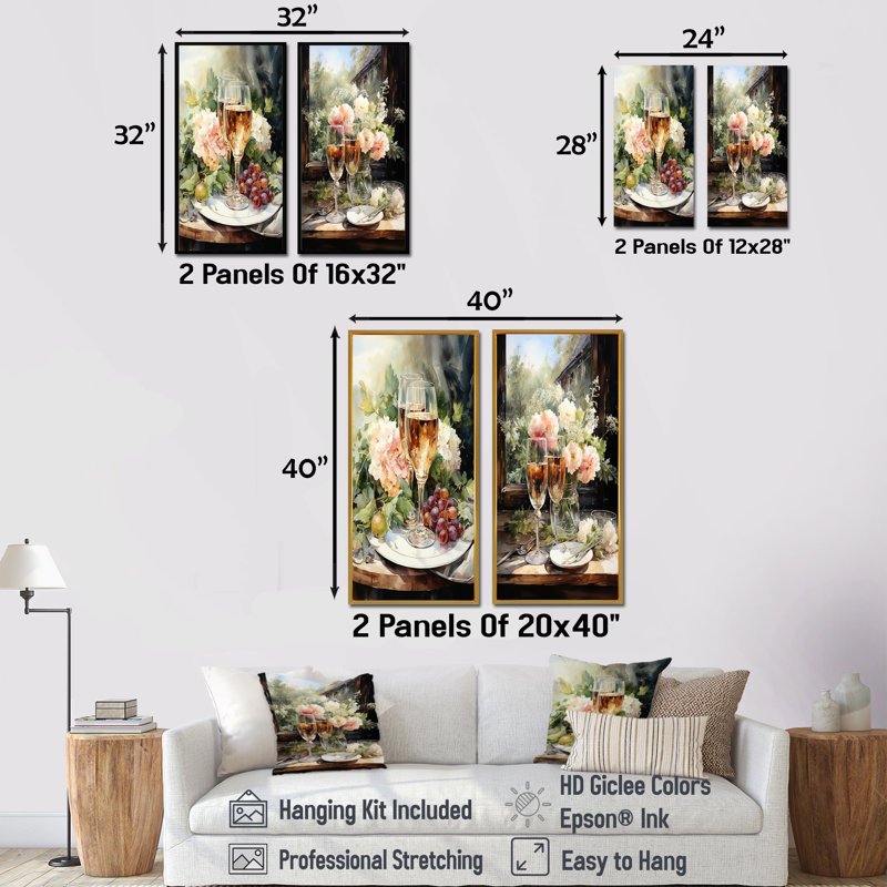 Bubbles Harmony - vin et champagne, ensemble de 2 reproductions d'art sur toile, Cadre noir, H 28 po x l 25 po