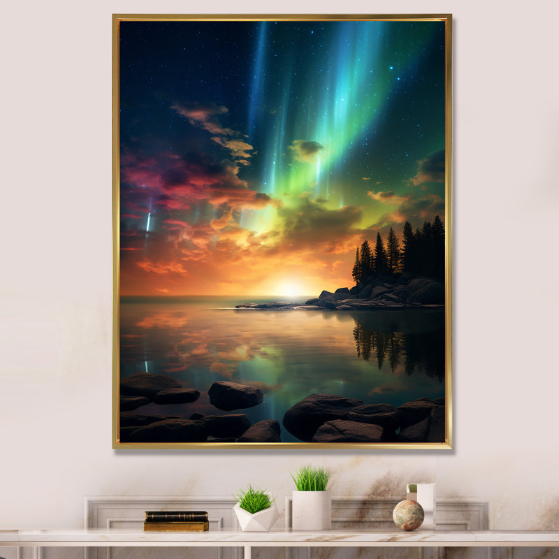 «Magical Aurora Borealis Artic Lake Serenity» sur impression sur toile, 44" H x 34" W, Cadre flottant doré