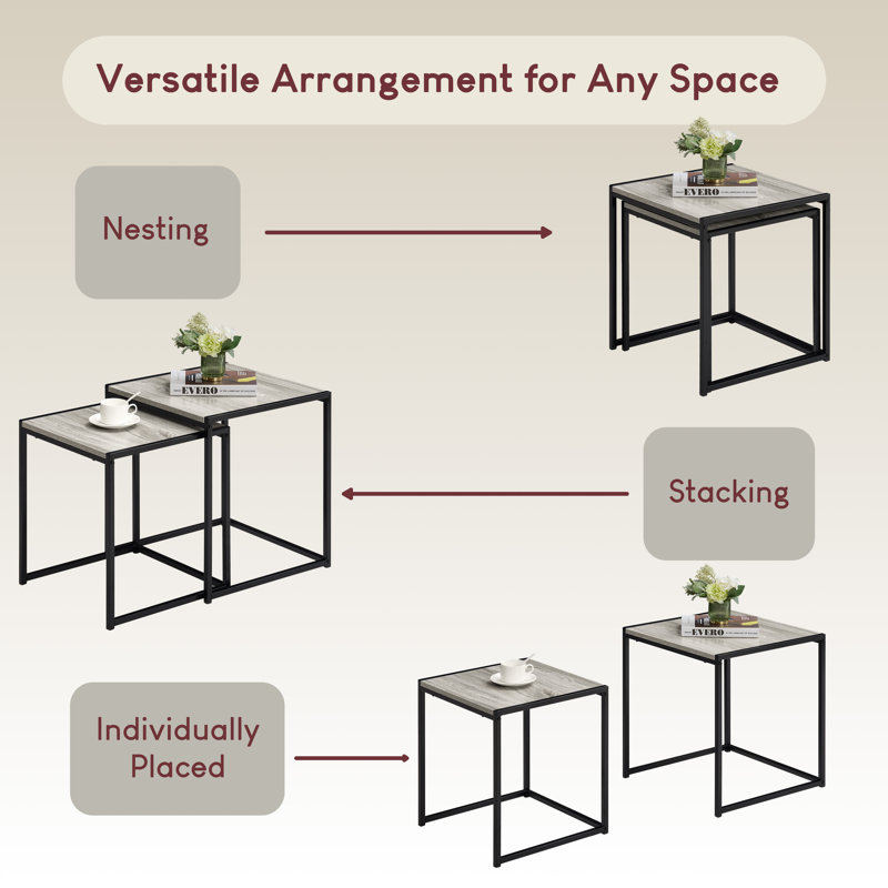 Sylvie 2 Piece Nest of Tables Industrial Living Room Side Tables With Metal Legs, Grey