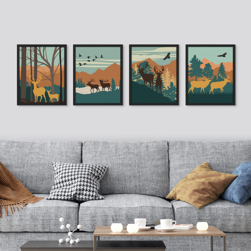 «Mountain Deer Forest», reproduction encadrée sur papier 4 pièces, Noir, H 14 po x l 11 po