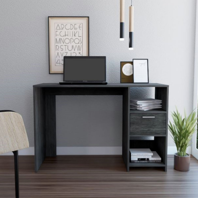 Bureau d'ordinateur avec 1 tiroir et 2 tablettes de rangement ouvertes, Gris