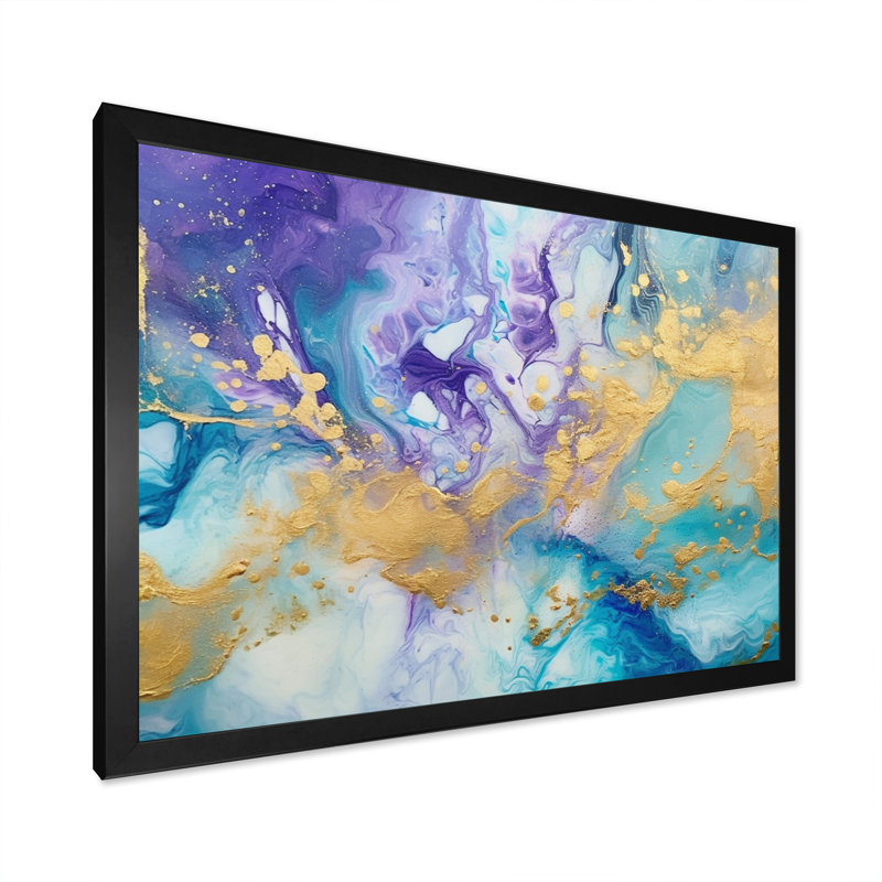Impression sur toile turquoise et mauve liquide IV - Fractals, Cadre simple noir, H 24 po x l 32 po x P 1 po