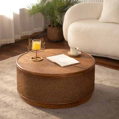 Round Rattan Coffee Table With Lift-Off Lid Storage