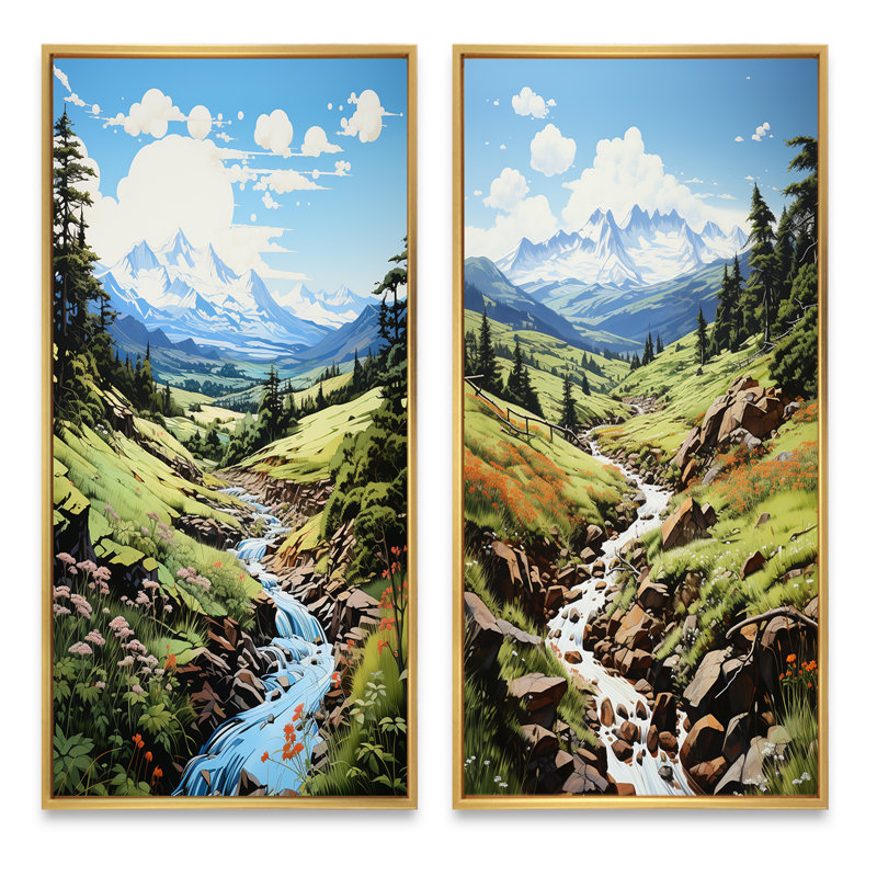 «Green Mountains Summer Peaks Pastoral», 2 pièces, Encadrement doré, H 32 po x l 32 po