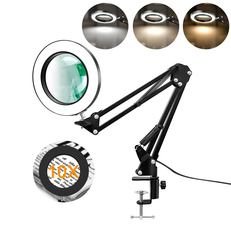10X Magnifier Desk Lamp, 2-In-1 LED Magnifying Glass With Light And Clamp, Hands-Free Lighted Magnifier With 3 Colour Modes For Craft Hobby Nail Repair Reading Close Works (Black, Clamp)