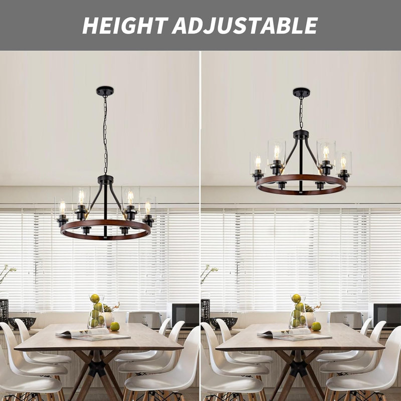 Lustre de style maison de campagne avec hauteur réglable, plafonnier rond à 6 lumières, finition bronze huilé, globes en verre, base E26, convient à la salle à manger, à la cuisine et plus encore
