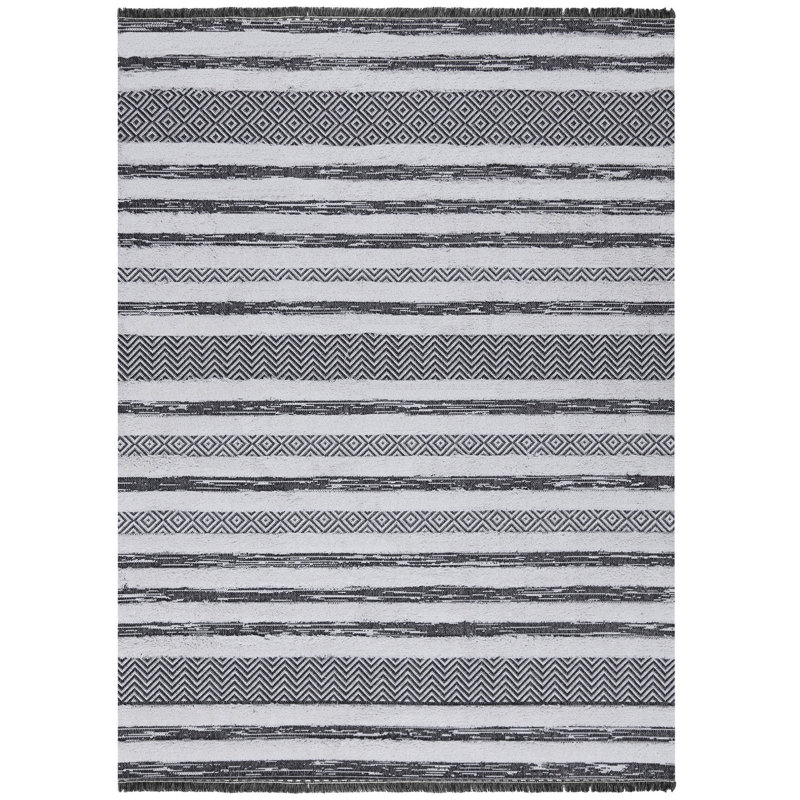 Tapis noir / gris en coton tissé à la machine Nebraska, Rectangle 2 pi 6 po x 4 pi 11 po