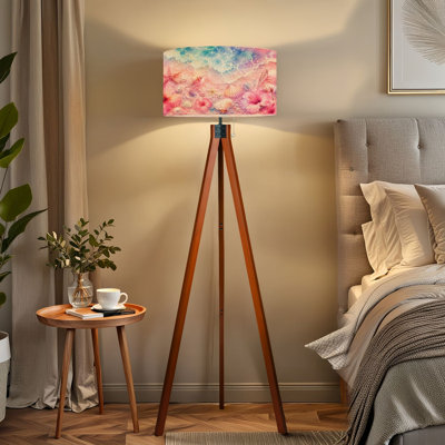  Lampe sur pied à trépied, aquarelle, scène de plage tropicale, coquillages, étoile de mer, fleurs d'hibiscus, lampe sur pied à DEL à intensité variable avec pieds en bois de hêtre et abat-jour en lin amovible pour salon et chambre à coucher
