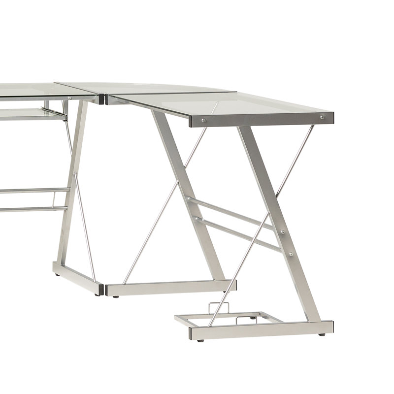 Wendell Modular L-Shaped Glass Steel Computer Desk, Silver / Clear Glass